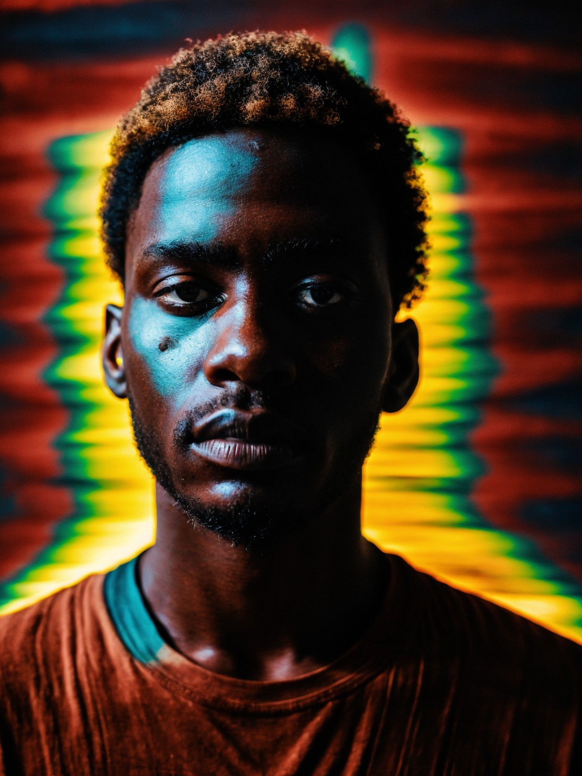 abstract digital portrait emerges bustling fusion textures light leaks, subject, african descent male discernible facial f...